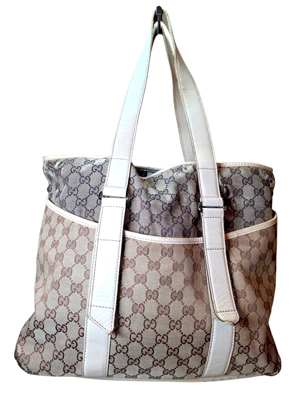 Gucci Beige GG Canvas Tote with White Leather Trim
